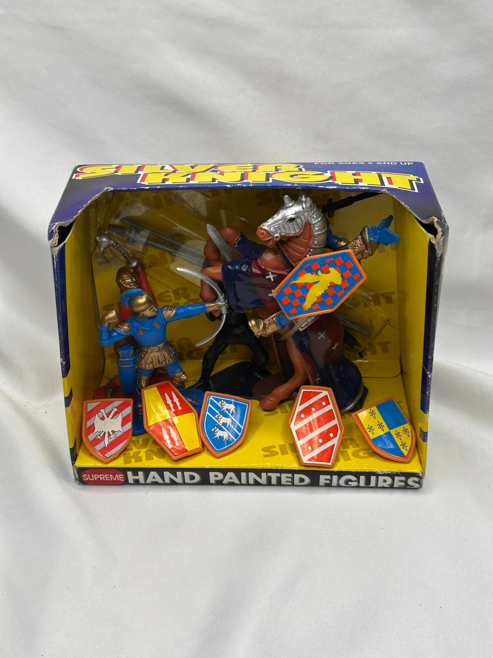 Silver Knight Hand Painted Figures, Horse, Soldier, Moveable Arms, Changeable Weapons, In Box: Box worn from storage, Some stickers lifting Bidding on this item will be indication that the Bidder acknowledges that they have read and agreed to the Terms and Conditions posted to this Auction