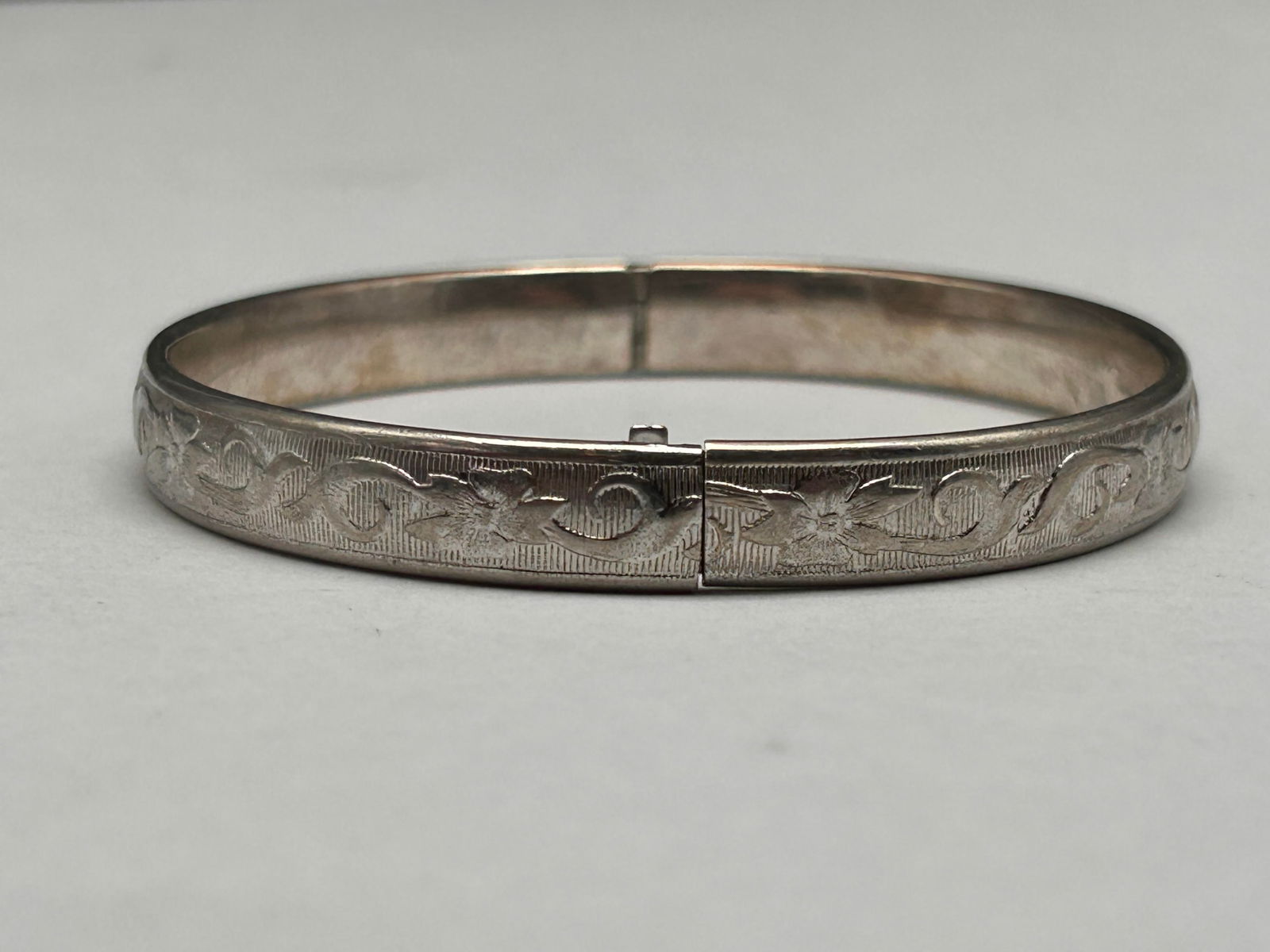 Delicately Engraved Floral Pattern Sterling Silver Bangle Bracelet by MARATHON STERLING, 2.25" (1 of 5)