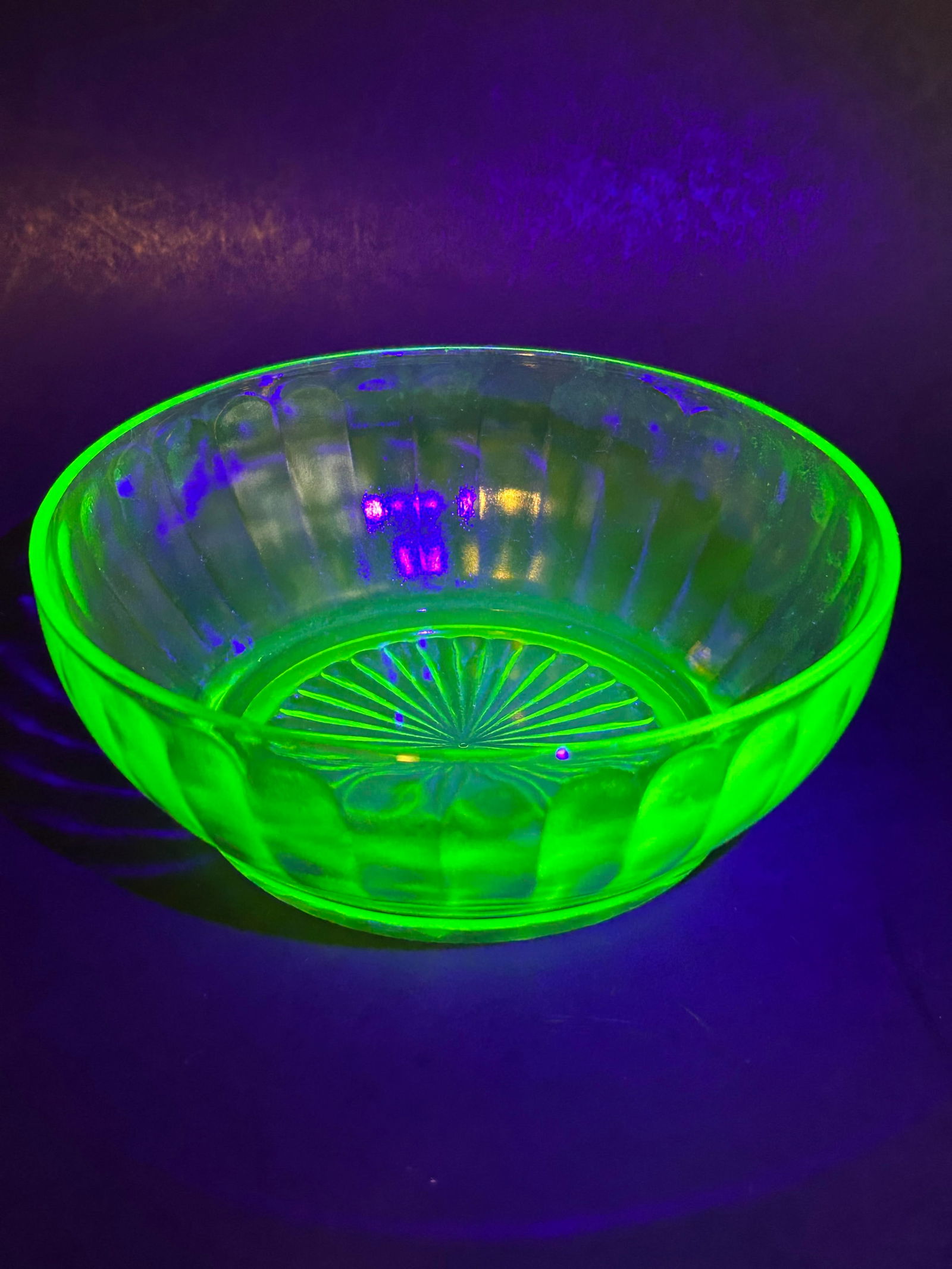 5" Small Bowl, Green Depression Uranium Glass, Ribbed Sides, Starburst Bottom, Glow in UV Light (1 of 7)