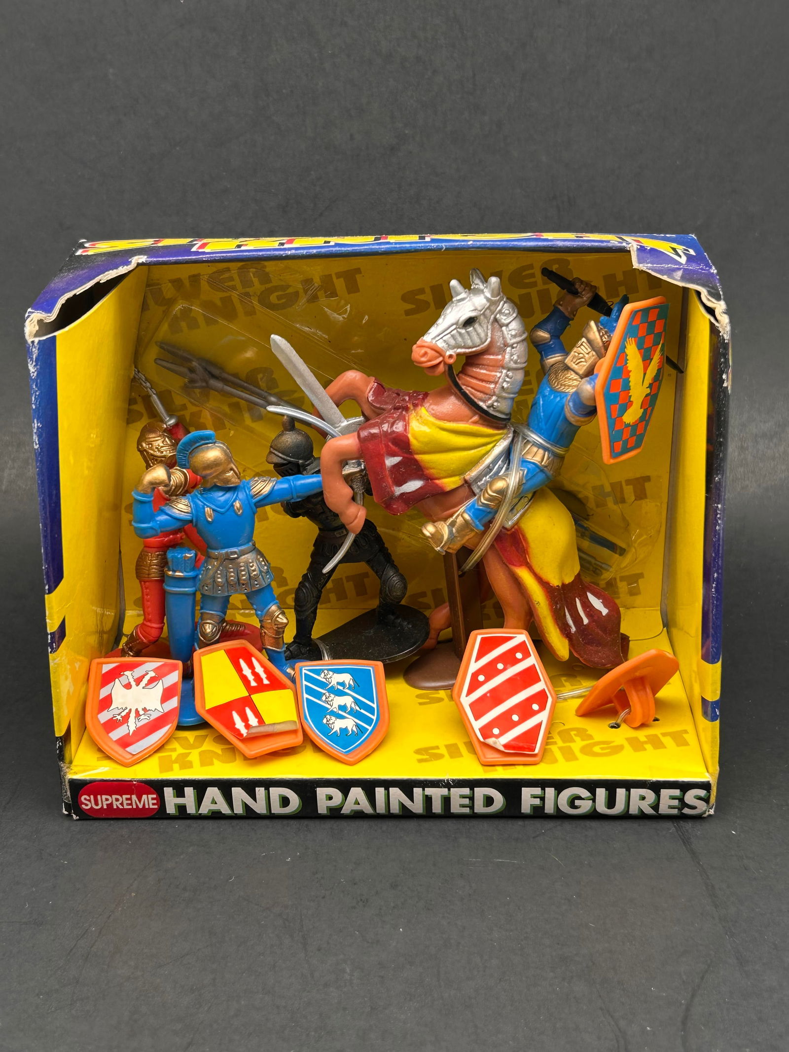 Silver Knight Hand Painted Figures, Moveable Arms, Changeable Weapons and Shields, new in box (1 of 5)