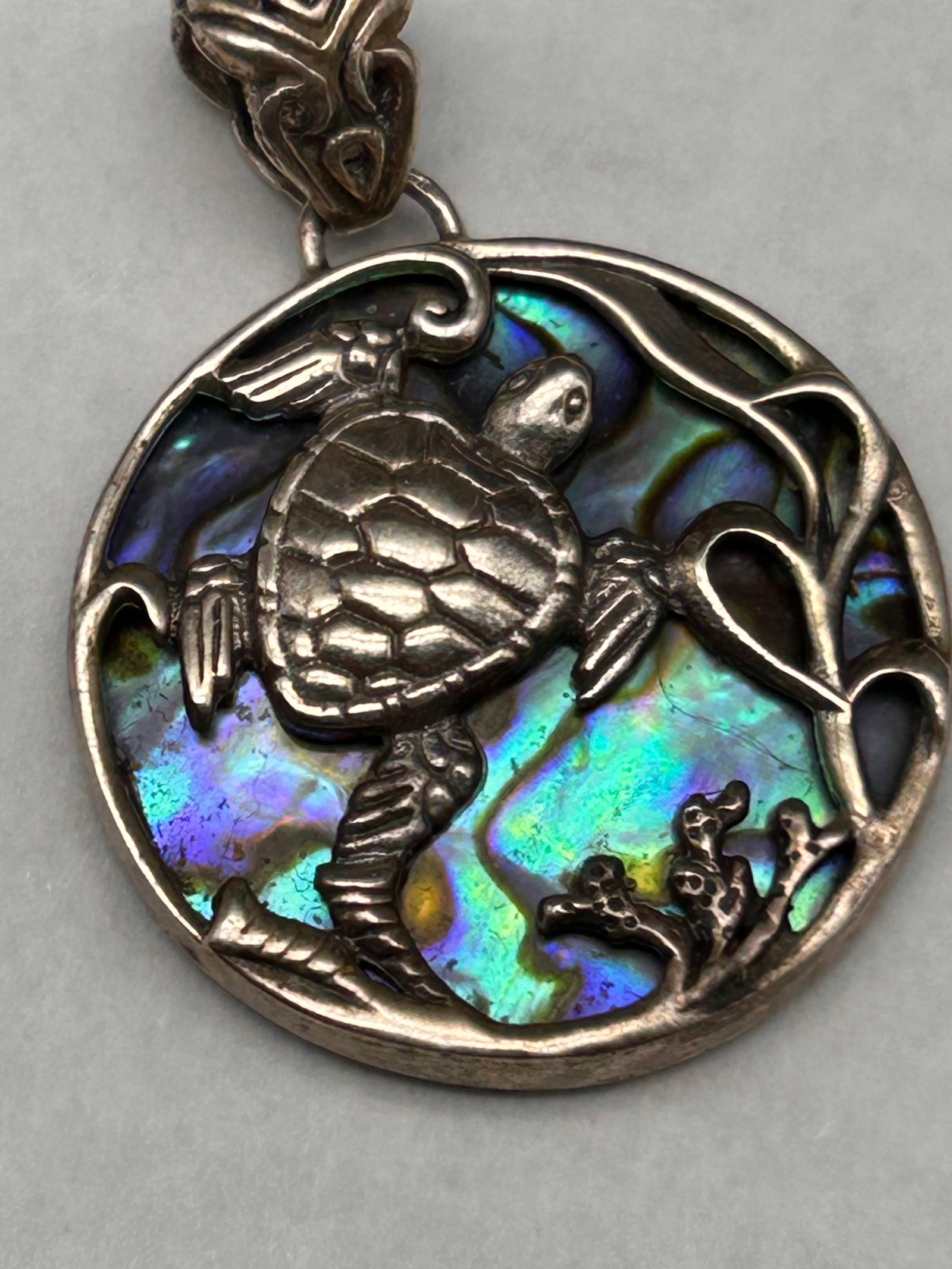 Swimming Sea Turtle Sterling Silver and Natural Abalone Pendant, 1.25", Decorated Bale, Marked 925: Bidding on this item will be indication that the Bidder acknowledges that they have read and agreed to the Terms and Conditions posted to this Auction
