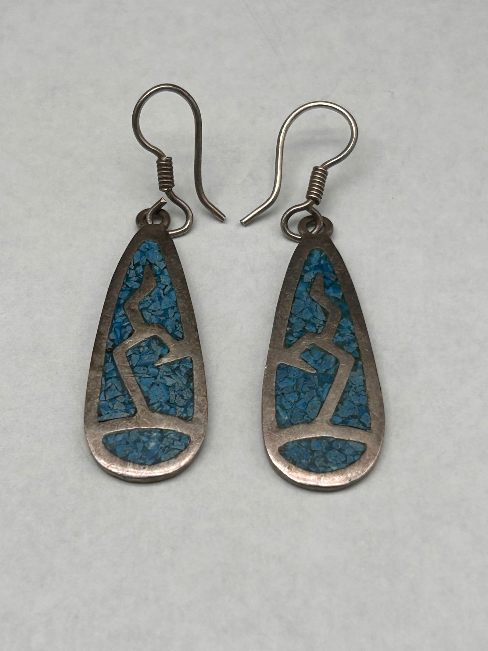 Turquoise Chip Inlay 925 Mexico Sterling Silver Pendant Dangle Earrings, Marked, 1.25" (1 of 3)