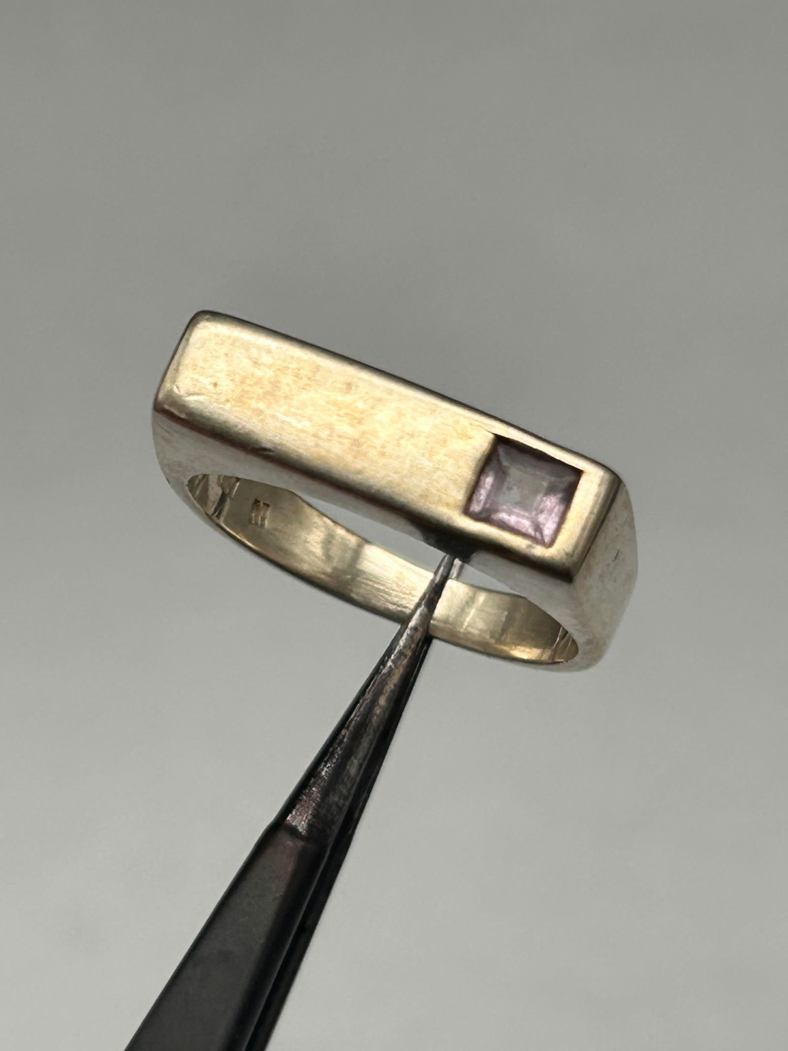 Satin Finish Flat Top Sterling Silver Ring, Square Cut Amethyst Stone, Size 6.5, Marked 925 (1 of 5)