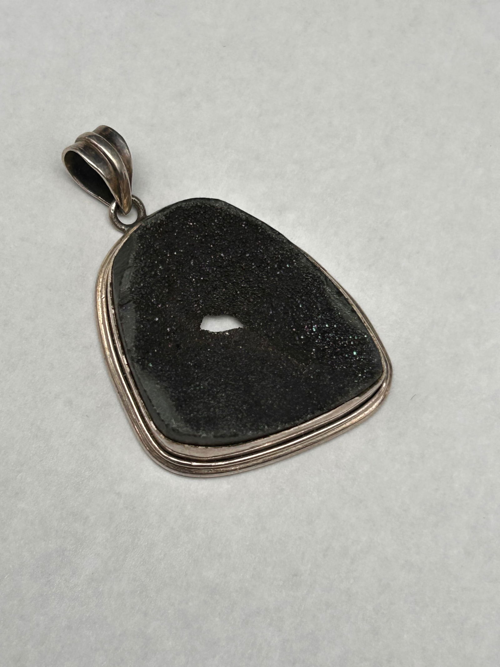 Sparkling Black Druzy Sterling Silver Pendant, 1.5", Marked 925 (1 of 5)