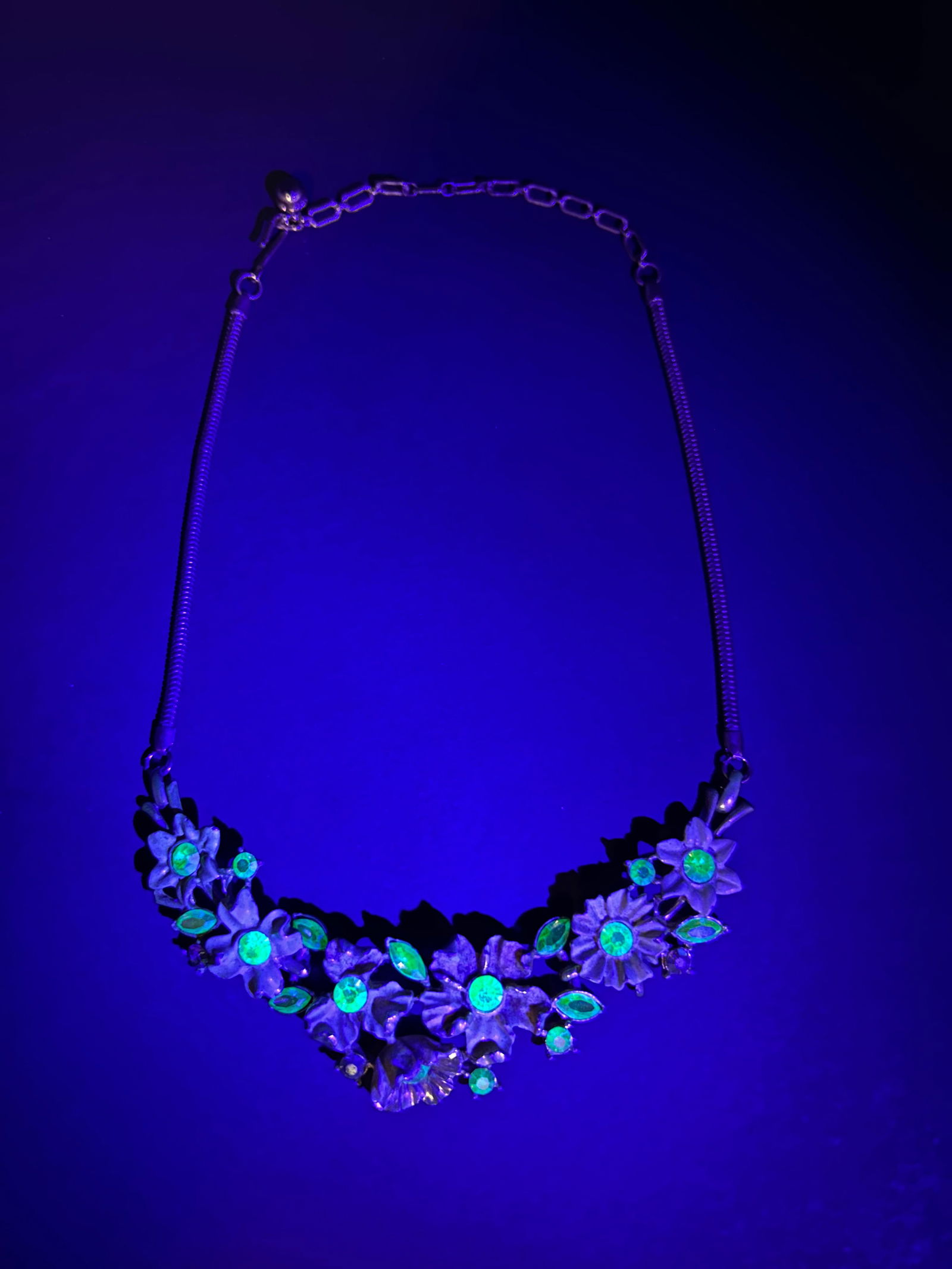 Signed CORO Vintage Gold Toned Floral Collar Necklace, Uranium Glass Rhinestones, Adjustable 13-17" (1 of 7)