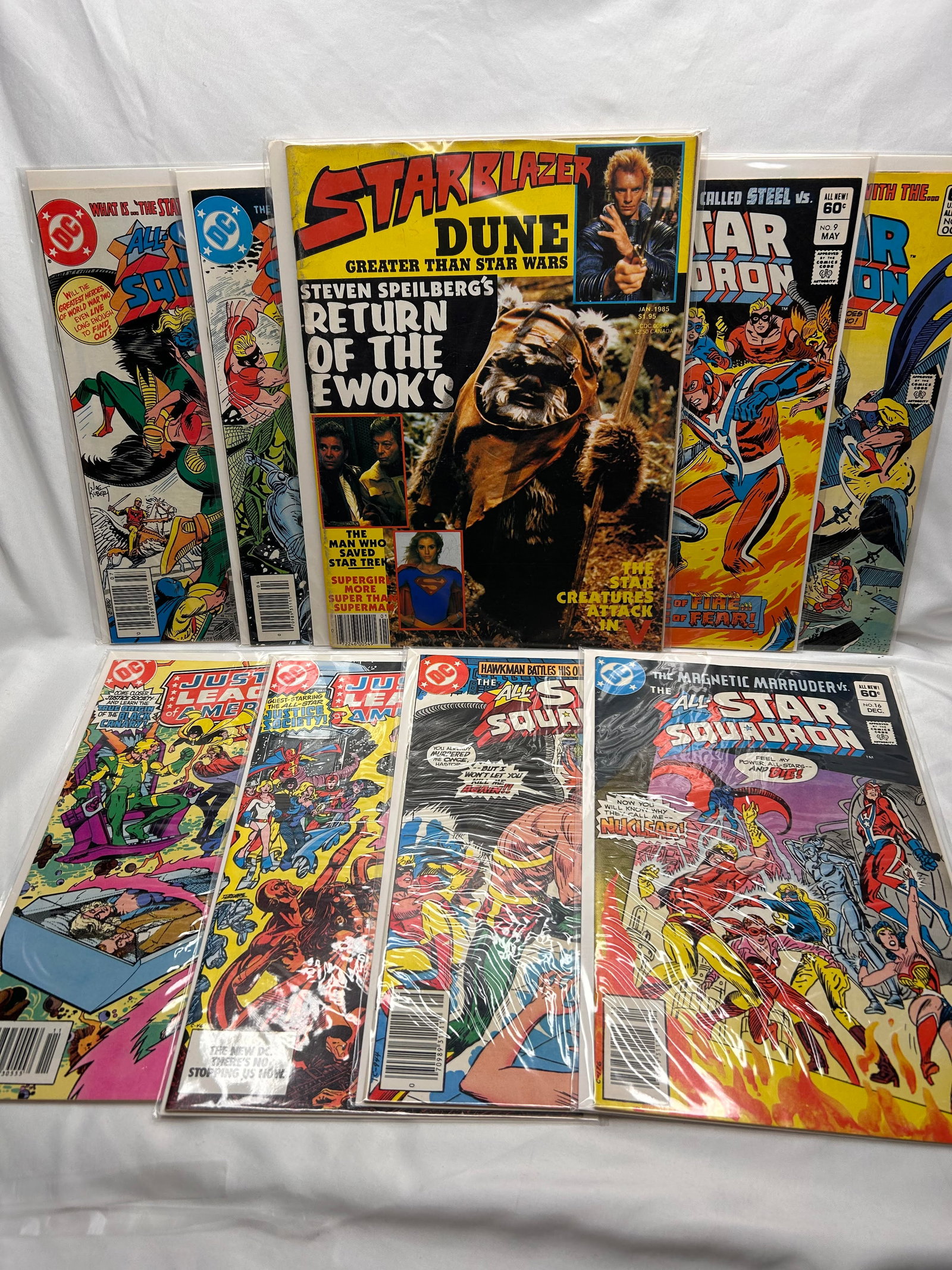 Vintage Comics in Sleeves - Justice League, All Star Squadron, and More, Minor Wear, Sleeve Ripples (1 of 3)