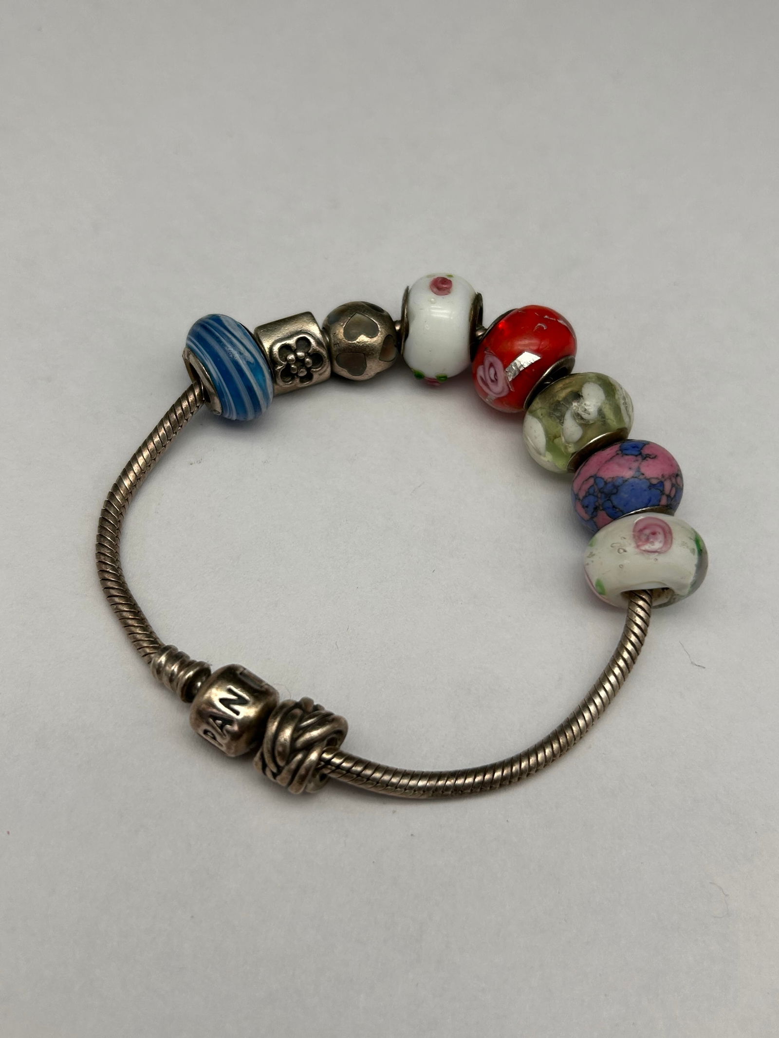 PANDORA Sterling Silver Snake Chain Bracelet with Slider Charms & Beads, Marked ALE 925, 7.5" (1 of 6)