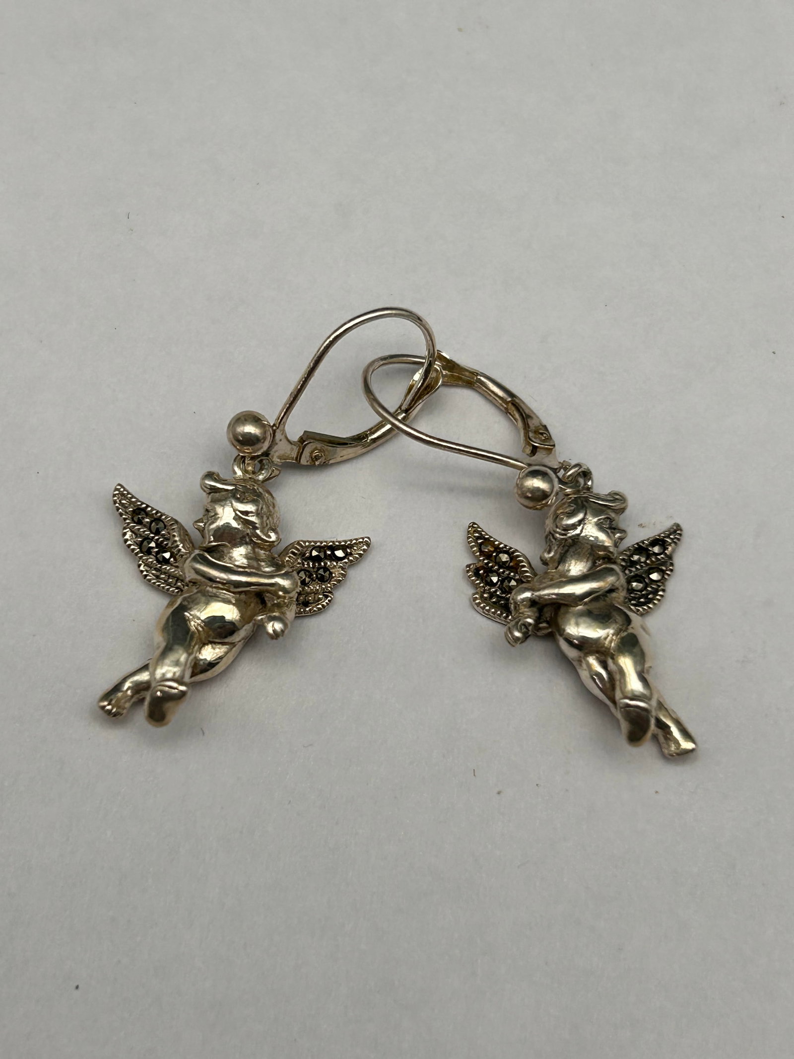 Judith Jack Sterling 925 Silver Marcasite Cherub Dangle Drop Earrings, Leverback, 1" (1 of 3)