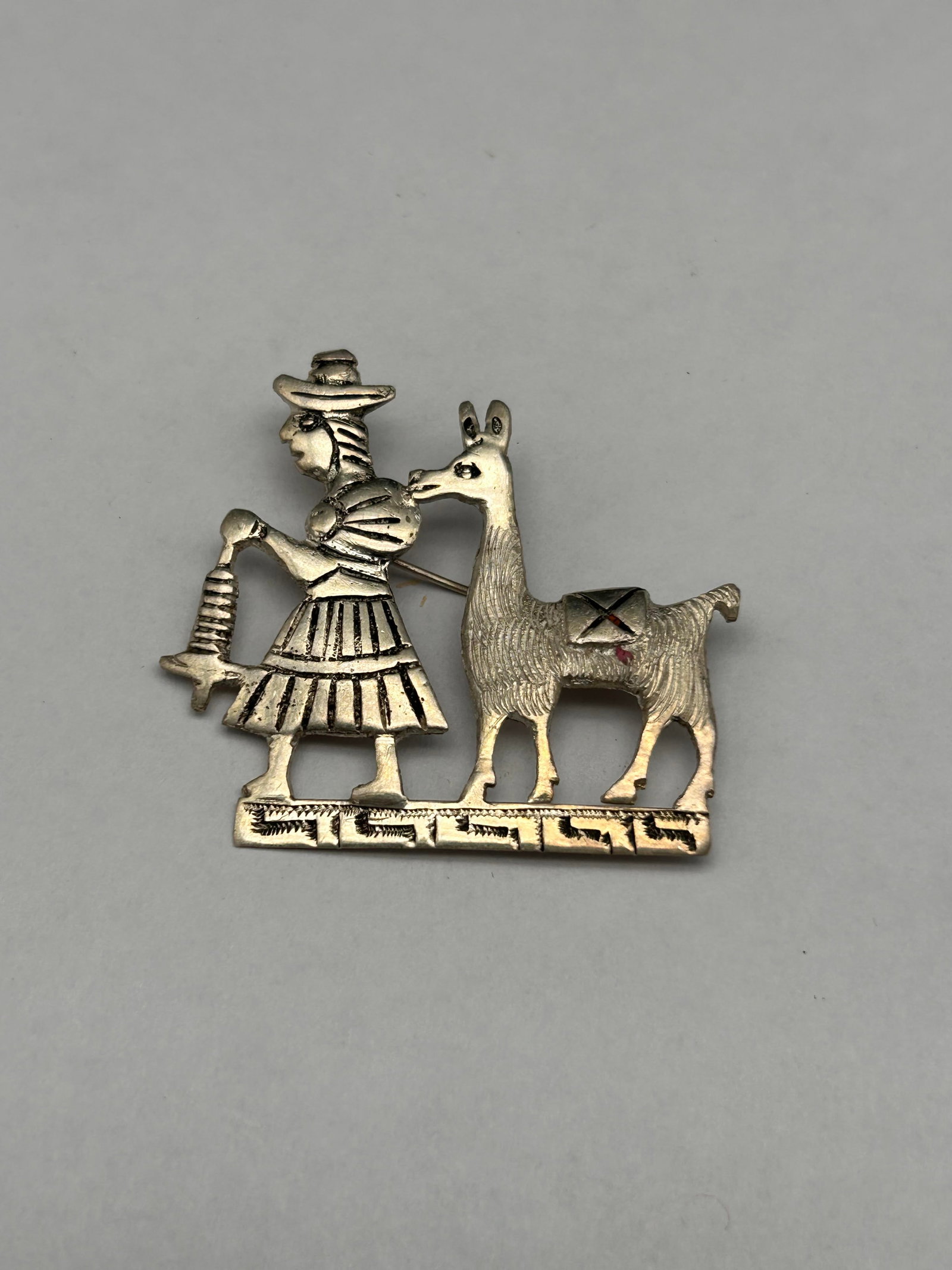 Handmade Sterling Silver Peruvian Brooch, Man and Llama / Alpaca, Unmarked, 1.5" (1 of 3)