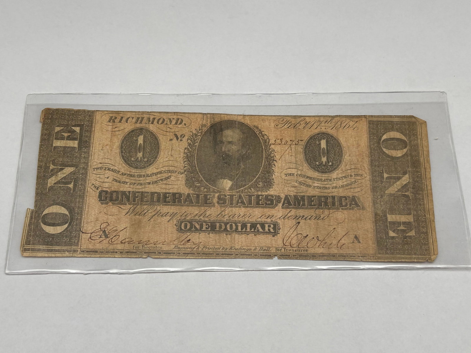 Confederate States of America One Dollar Bank Note, Feb 1864, $1 (1 of 4)