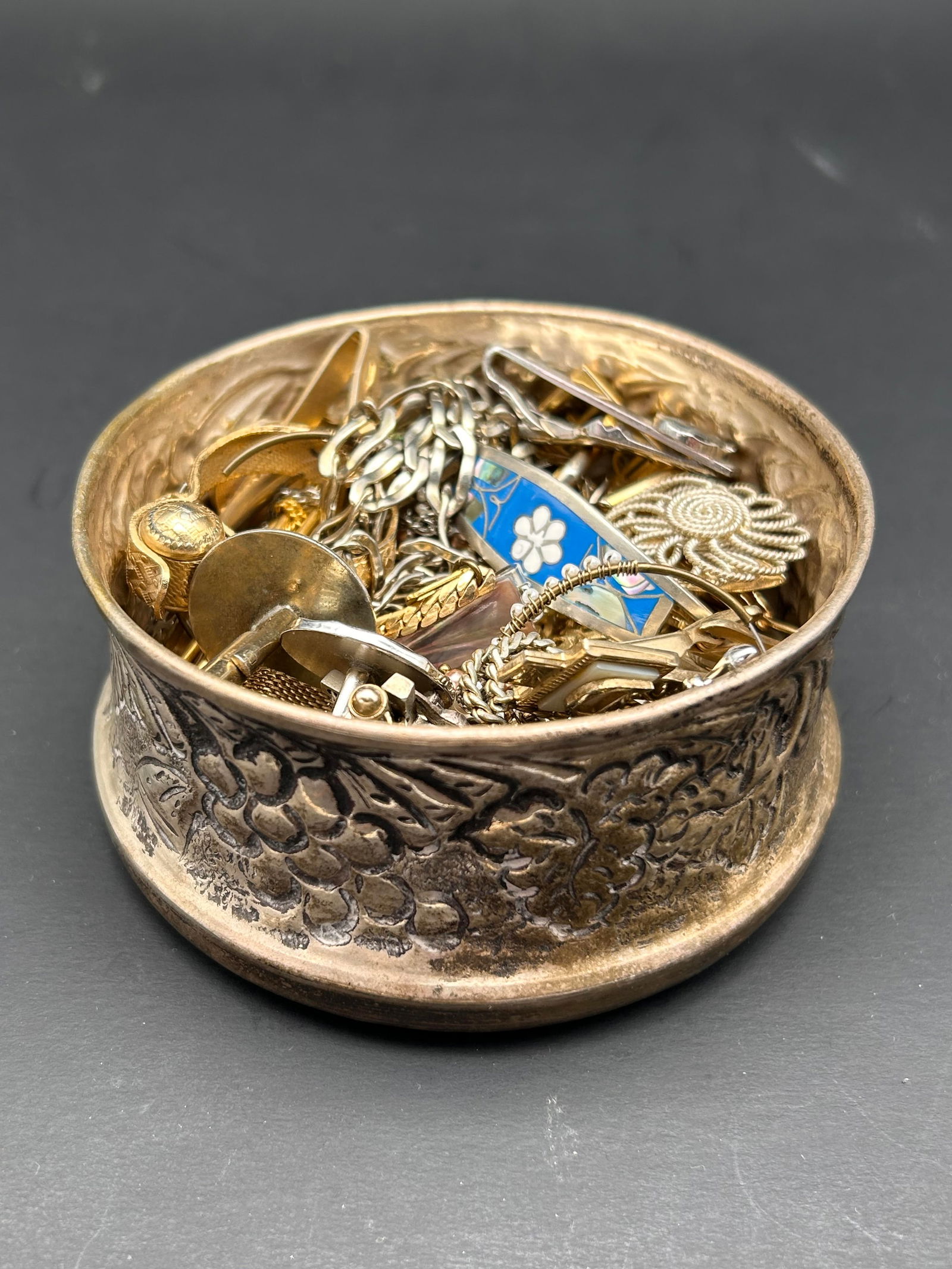 Round Open Metal Trinket Box Grape & Leaf Pattern, Various Condition Assorted Jewelry, 3.5" Diameter (1 of 3)
