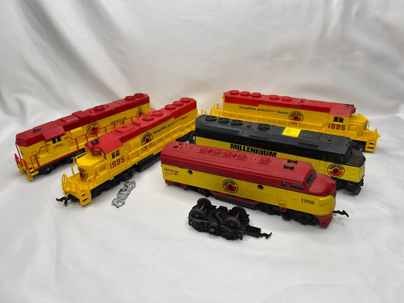 Collection of Vintage Shoprite Metal Train Engines, Each about 8", Mid-90s to Millenium: Need dusting Bidding on this item will be indication that the Bidder acknowledges that they have read and agreed to the Terms and Conditions posted to this Auction