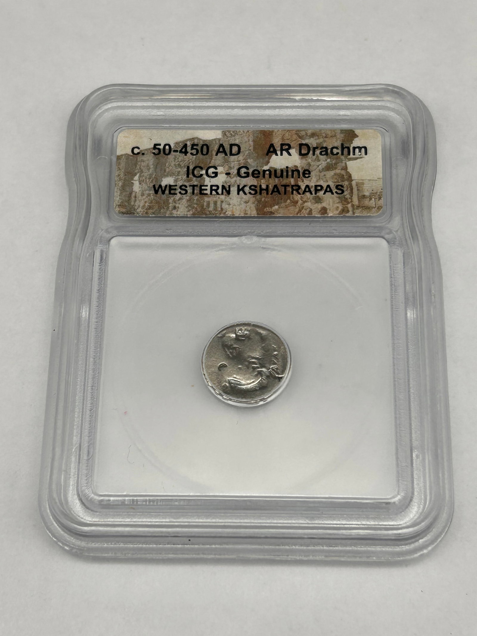 Authentic AR Drachm, c.50-450AD, ICG-Genuine, Western Kshatrapas: Bidding on this item will be indication that the Bidder acknowledges that they have read and agreed to the Terms and Conditions posted to this Auction
