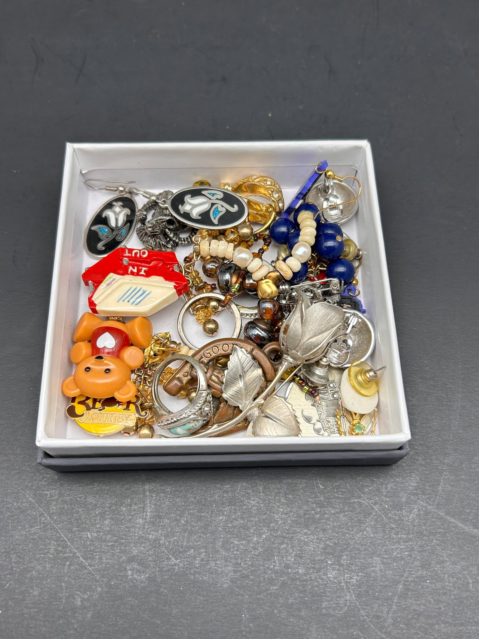 Trinket Drawer Lot - Mixed Jewelry and Pins including Avon, Disney - Box is 4 x 4" (1 of 5)