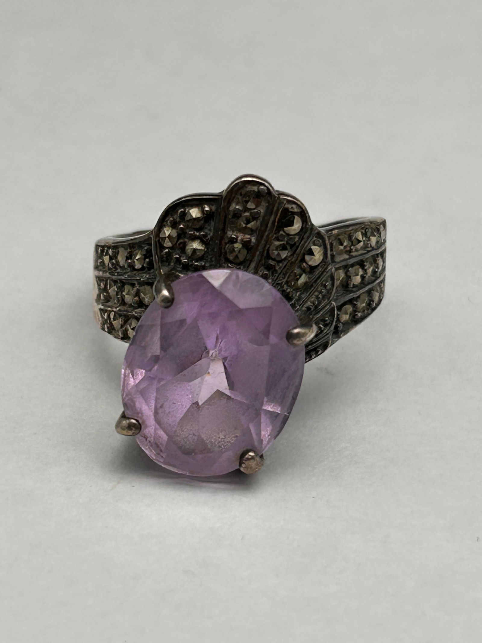 Unique Faceted Amethyst and Marcasite Sterling Silver Ring, Marked 925, Size 8.25 (1 of 5)