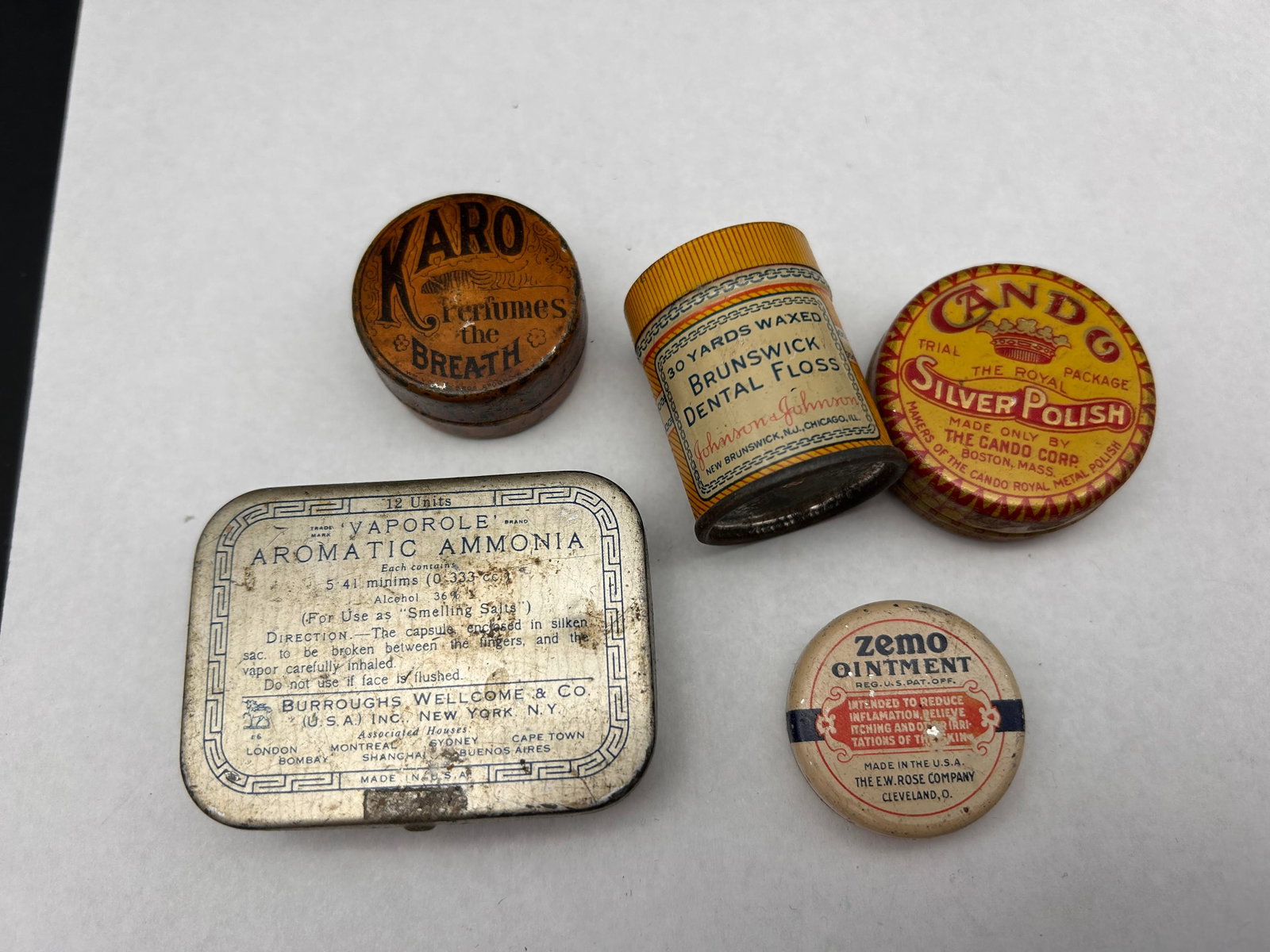 Antique Johnson & Jonson Dental Floss Tin with Floss and other Antique Medicine/Preparations Tins: Bidding on this item will be indication that the Bidder acknowledges that they have read and agreed to the Terms and Conditions posted to this Auction