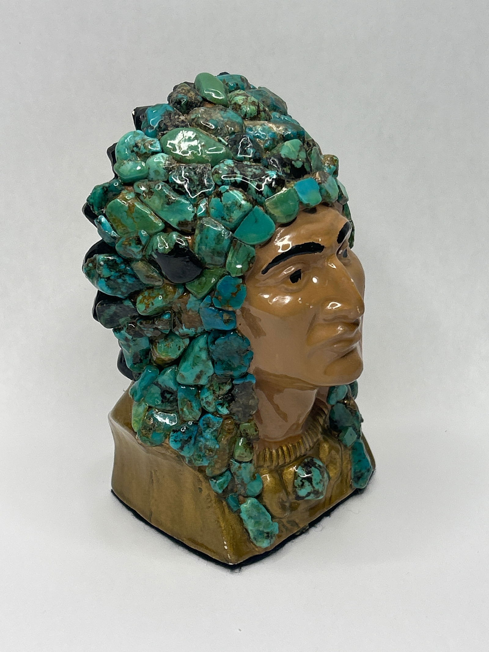 Handpainted Ceramic Indian Chief Bust with Headdress made of Turquoise Stones, Felt Bottom (1 of 4)