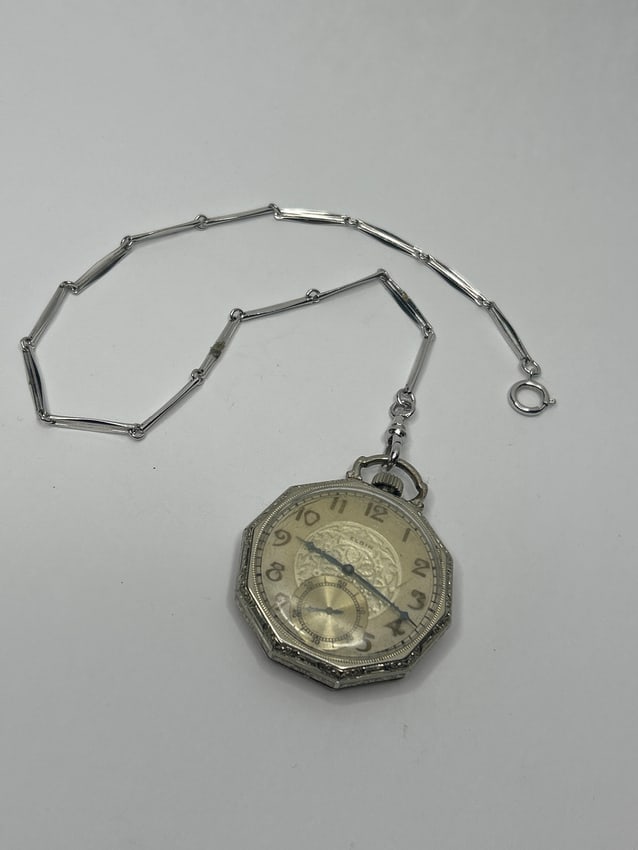 Antique ELGIN Open Faced Fancy Dial Deca (10-Sided) Pocket Watch, Engraved Back, 14" added chain (1 of 3)