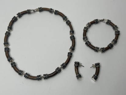 Balinese Style Curved Bar Wood Design Necklace, Bracelet and Earring Set, 925 Silver Caps & Clasps: Necklace 18", Bracelet 8", Earrings 1" Bidding on this item will be indication that the Bidder acknowledges that they have read and agreed to the Terms and Conditions posted to this Auction