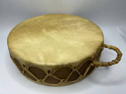 Rawhide and Wood Ceremonial Hand Drum with Handle, 11.5" Diameter, Handwritten Inscription: Bidding on this item will be indication that the Bidder acknowledges that they have read and agreed to the Terms and Conditions posted to this Auction