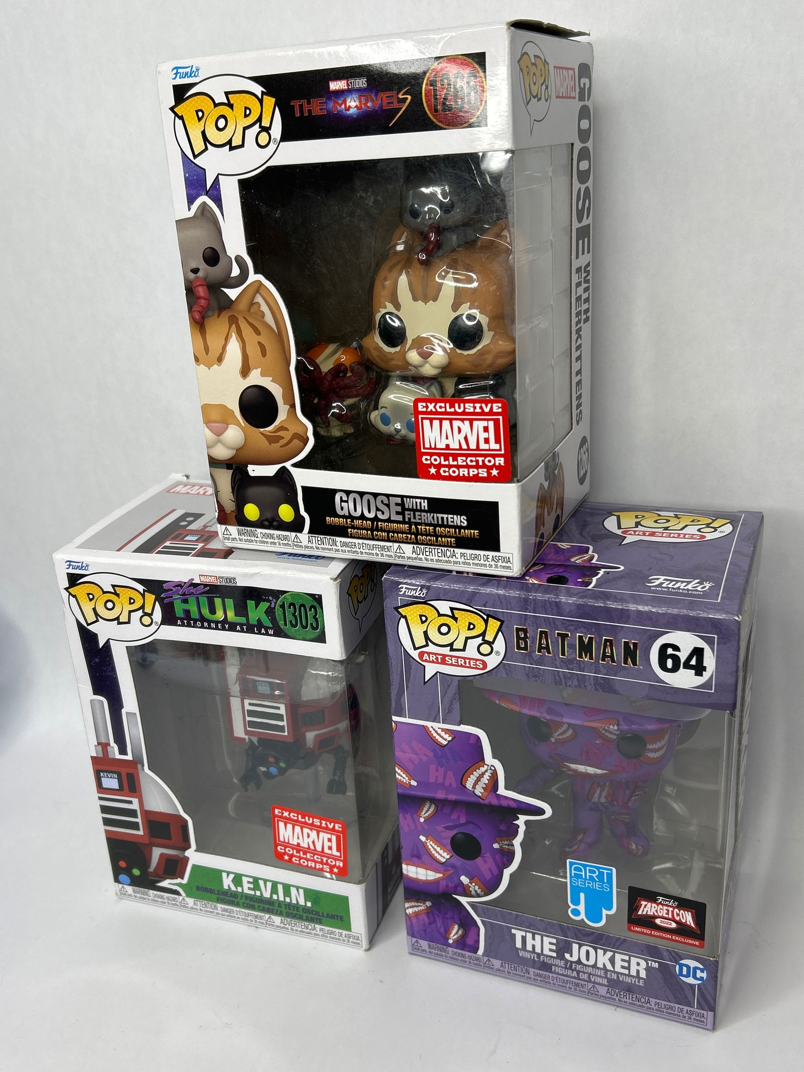 Lot of (3) Funko POP! Figures - MARVEL Collector Corps Goose & K.E.V.I.N. & Art Series The Joker 64 (1 of 5)