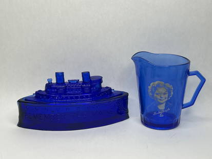 Remember the MAINE Cobalt Blue Pressed Glass Lidded Candy Dish & Shirley Temple Glass Creamer: Creamer 4.5" tall and Boat Dish 6" long Bidding on this item will be indication that the Bidder acknowledges that they have read and agreed to the Terms and Conditions posted to this Auction