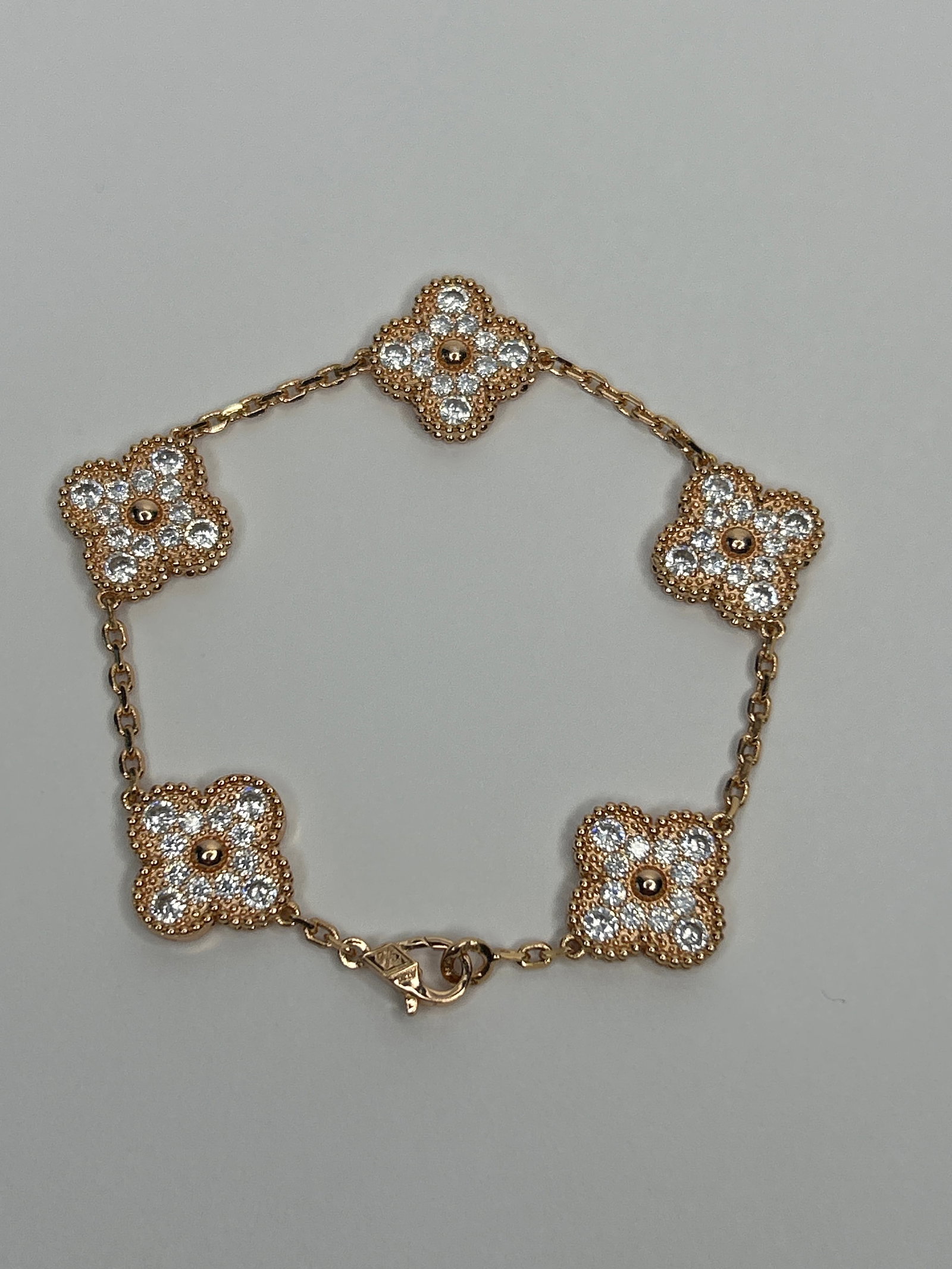 Van Cleef & Arpels Rose Gold Plated Alhambra Bracelet, 6", Marked VCA Au750, S750, Clear Stones (1 of 5)