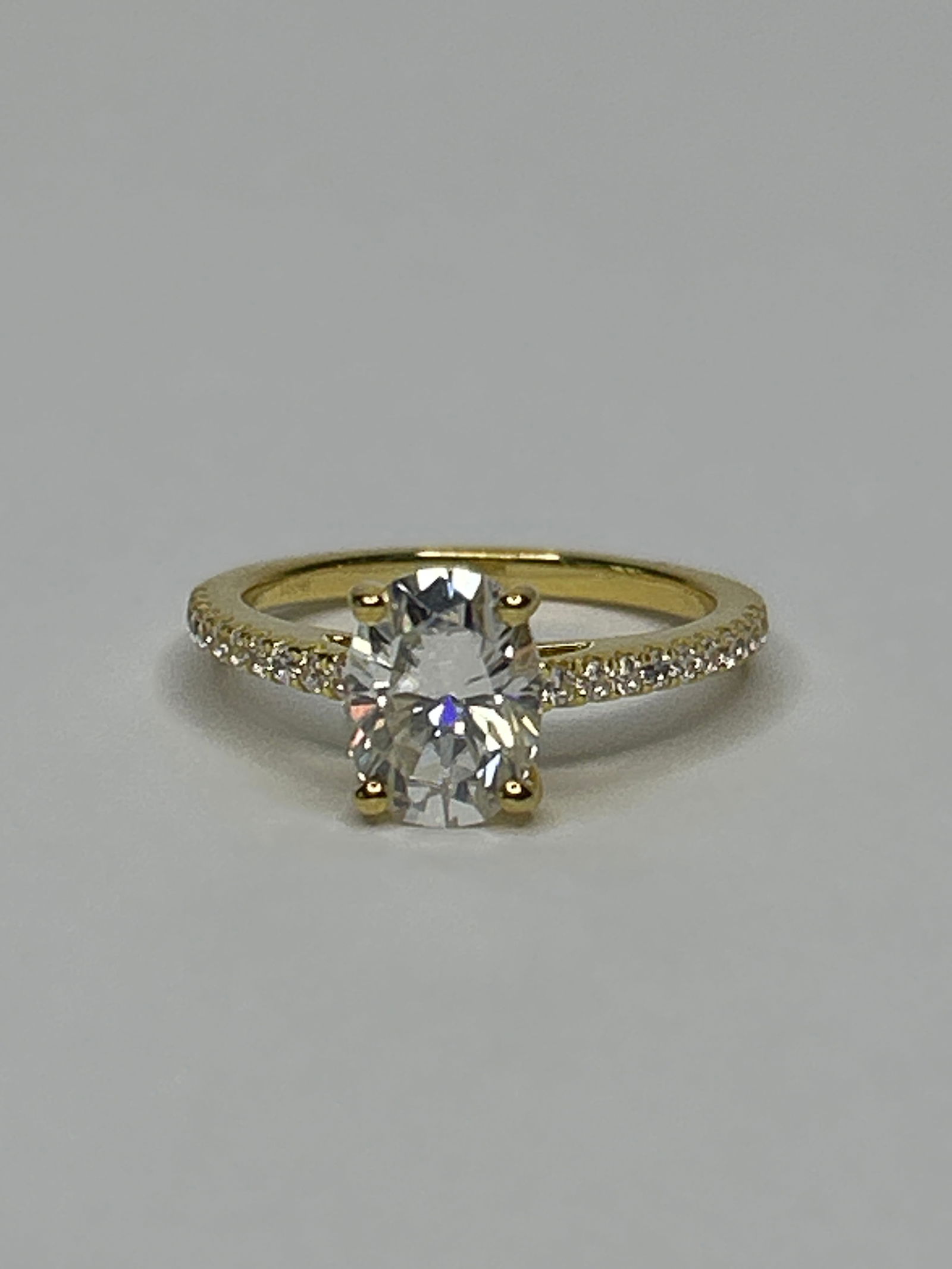 Sparkling 1.5ct Moissanite Oval Cut Gold Plated Sterling Silver Ring, Pave Set SideStones, Sz 4.75 (1 of 5)