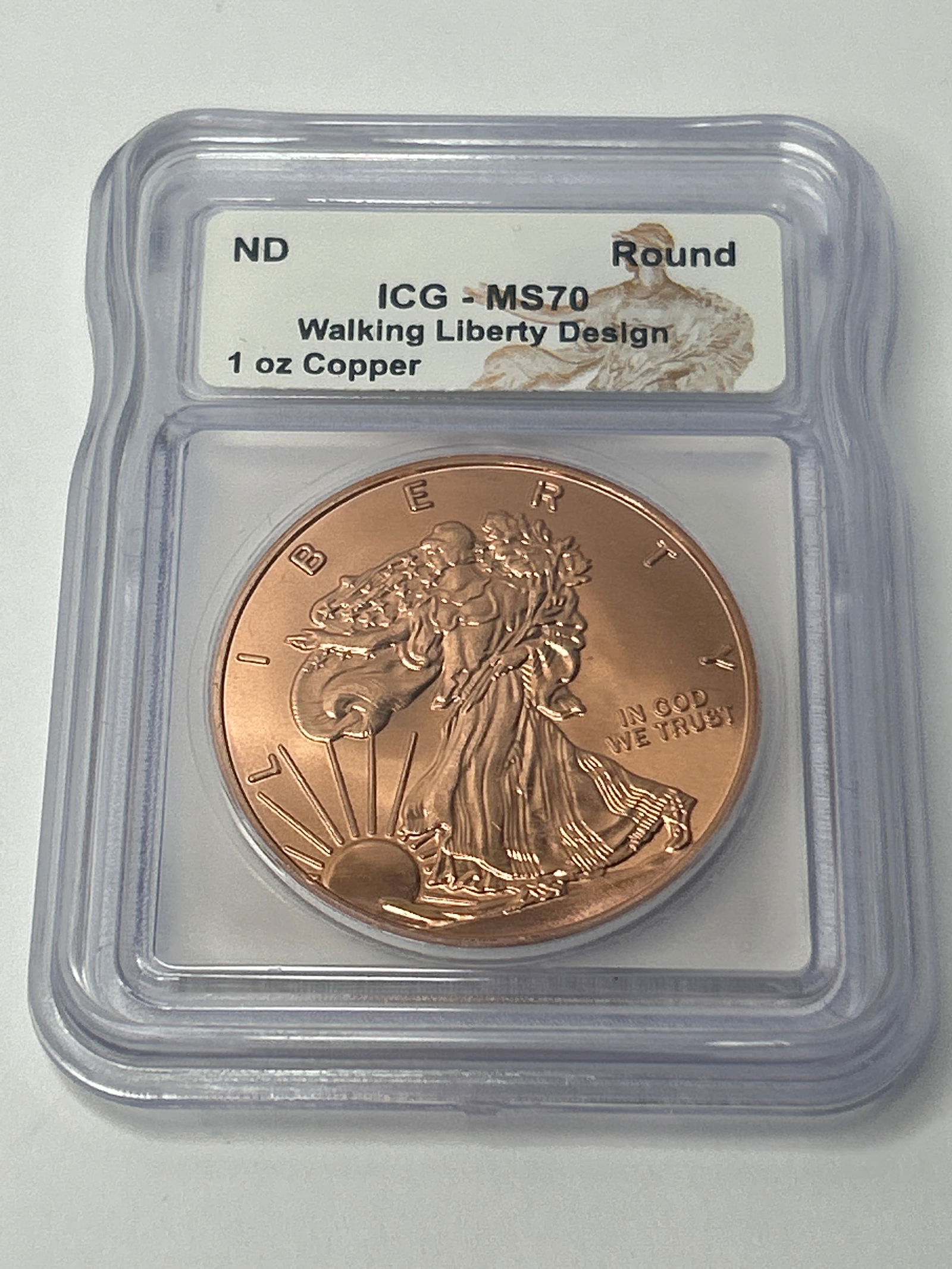 .999 Fine Copper Round, ICG-MS70 - Walking Liberty Design, 1 ADVP oz Copper (1 of 3)