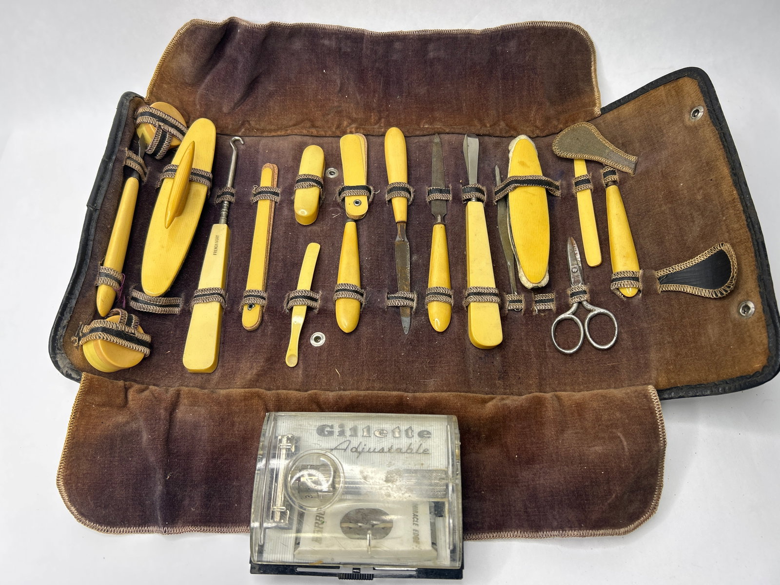Antique French Ivory Vanity Dresser Set, Manicure Set, and Gillette Adjustable Razor with Blades (1 of 6)
