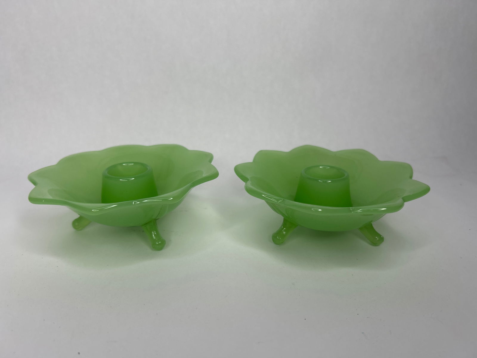 Pair of Fenton Jadeite 3-Footed Candlestick Holders, Each 4.5" Diameter (1 of 3)