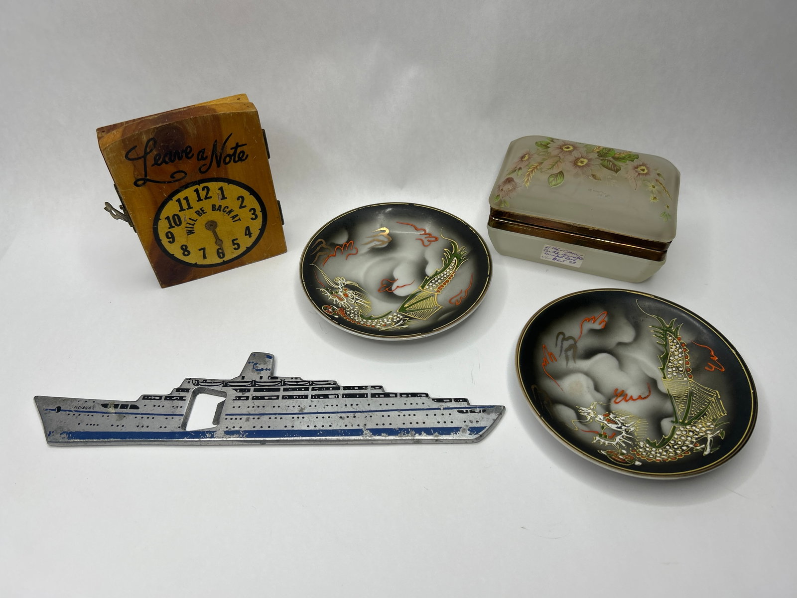 Cunard 10" Metal Bottle Opener, Yamasan China Handpainted Saucers and Other Estate Tchotchkes: Bidding on this item will be indication that the Bidder acknowledges that they have read and agreed to the Terms and Conditions posted to this Auction