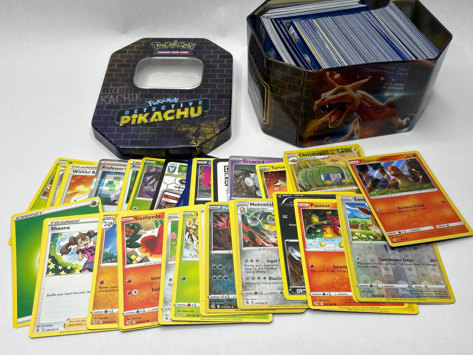 Detective Pikachu POKEMON TCG Tin Full w/Assorted Pokemon cards, Various Years, Some Holo/Rev. Holo (1 of 5)