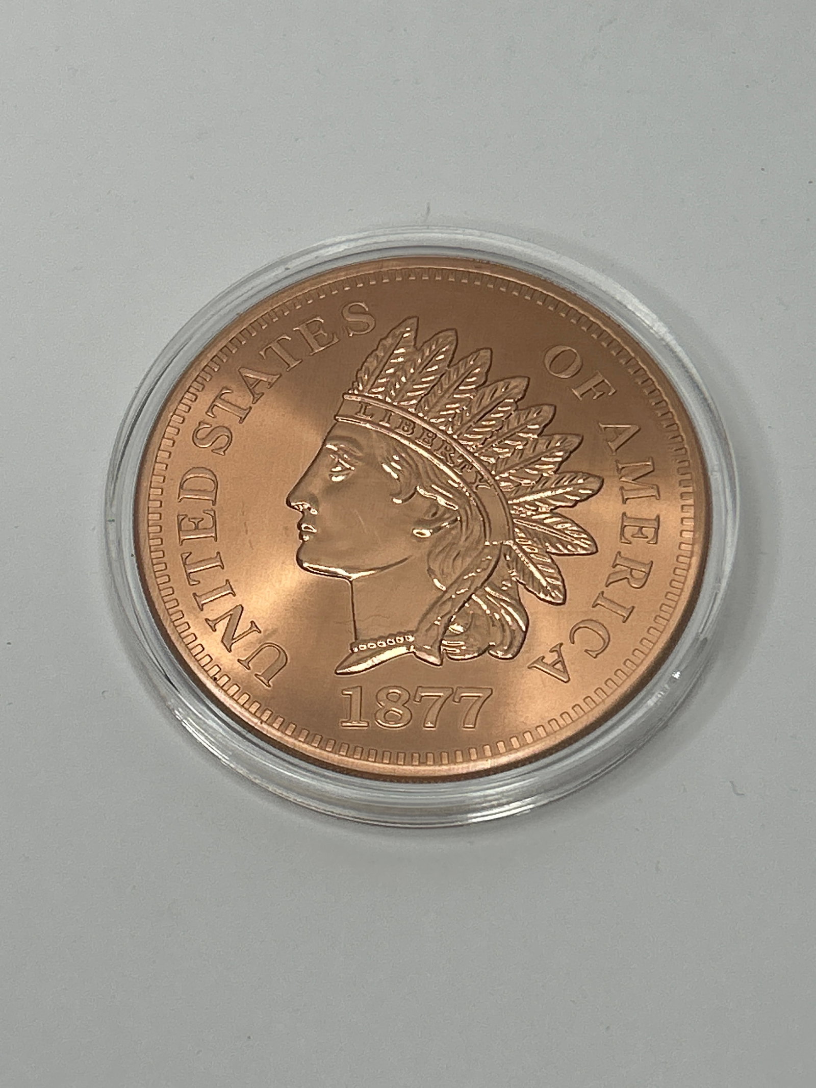 Five Ounces .999 Fine Copper Indian Head Round, 1877 Commemorative Medallion, 2.5" Diameter (1 of 3)