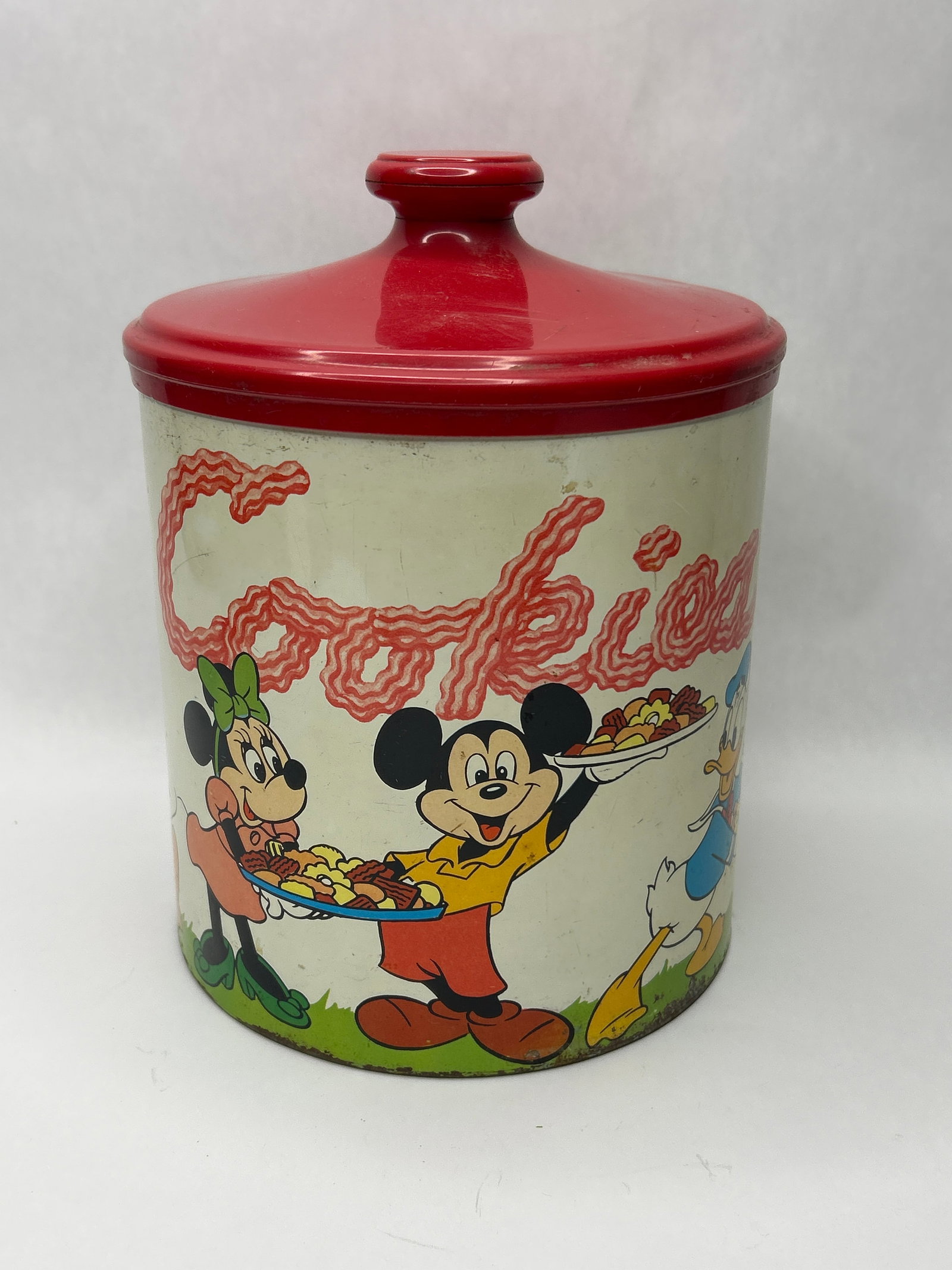 Walt Disney Mickey, Minnie, Goofy & Donald Cookie Canister by Cheinco, Metal Container, Plastic Lid (1 of 6)