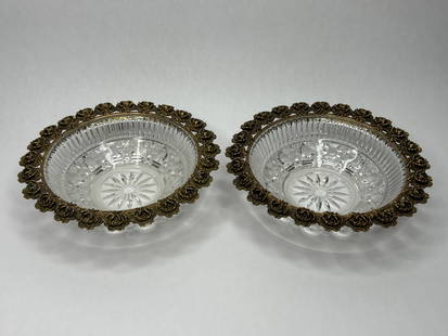 Pair of Cut Glass Vanity Bowls / Dishes with Brass Rose Border, 7" Diameter: Bidding on this item will be indication that the Bidder acknowledges that they have read and agreed to the Terms and Conditions posted to this Auction