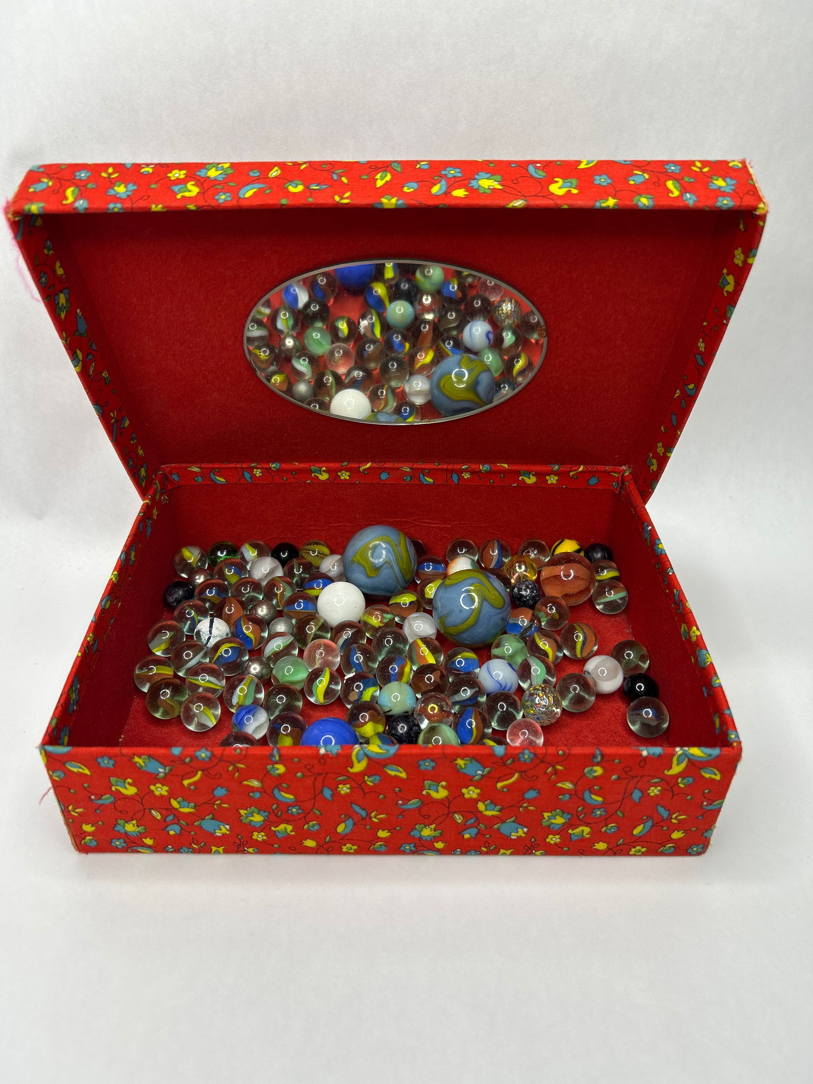 Vintage Glass Marble Collection in Fabric Covered Trinket Box, Mirror under Lid, Box is 9" x 7" (1 of 5)