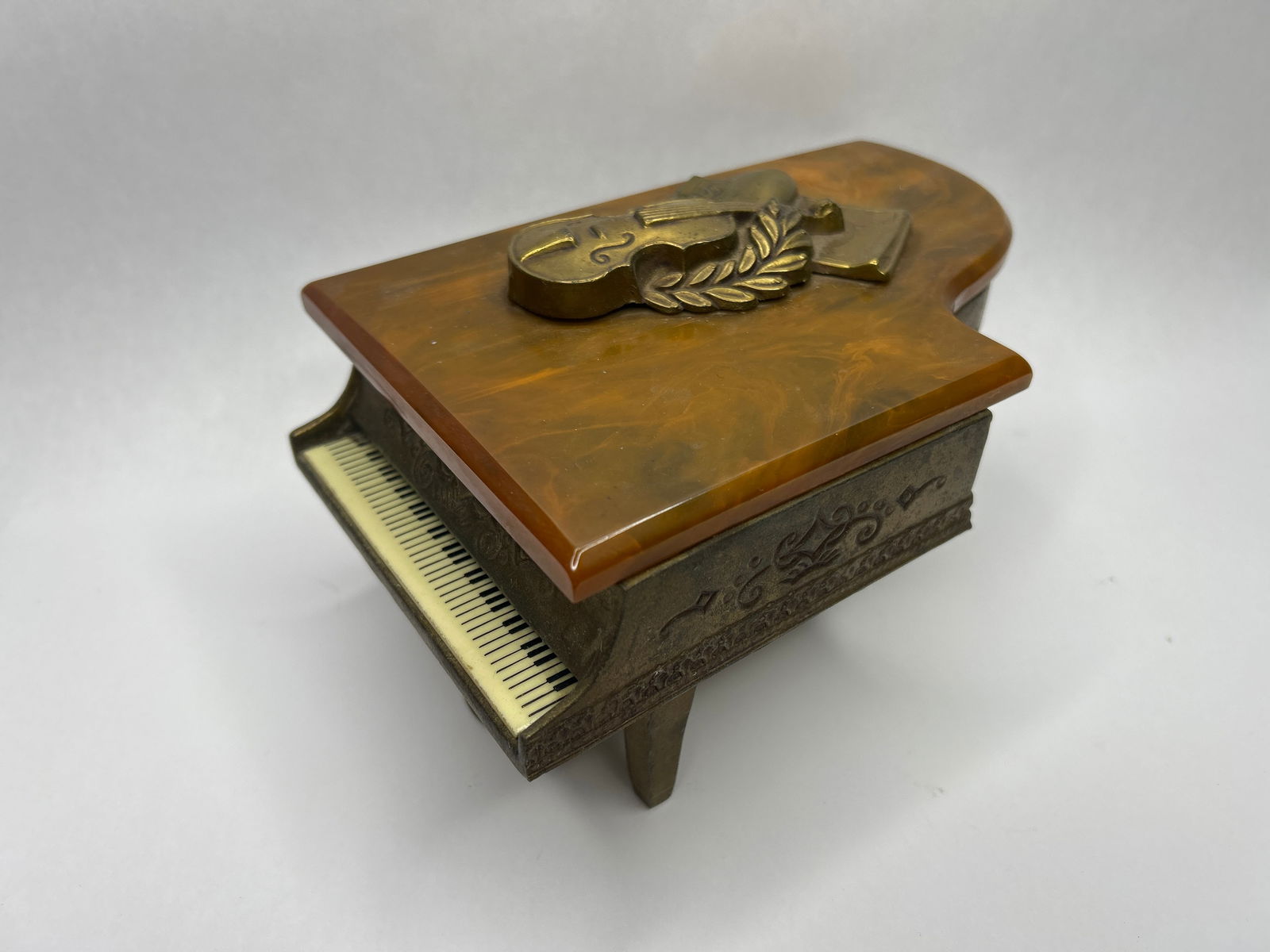 Bakelite and Brass Vintage Grand Piano Jewelry Box (Music Box Components Removed), 8.5" Long (1 of 6)