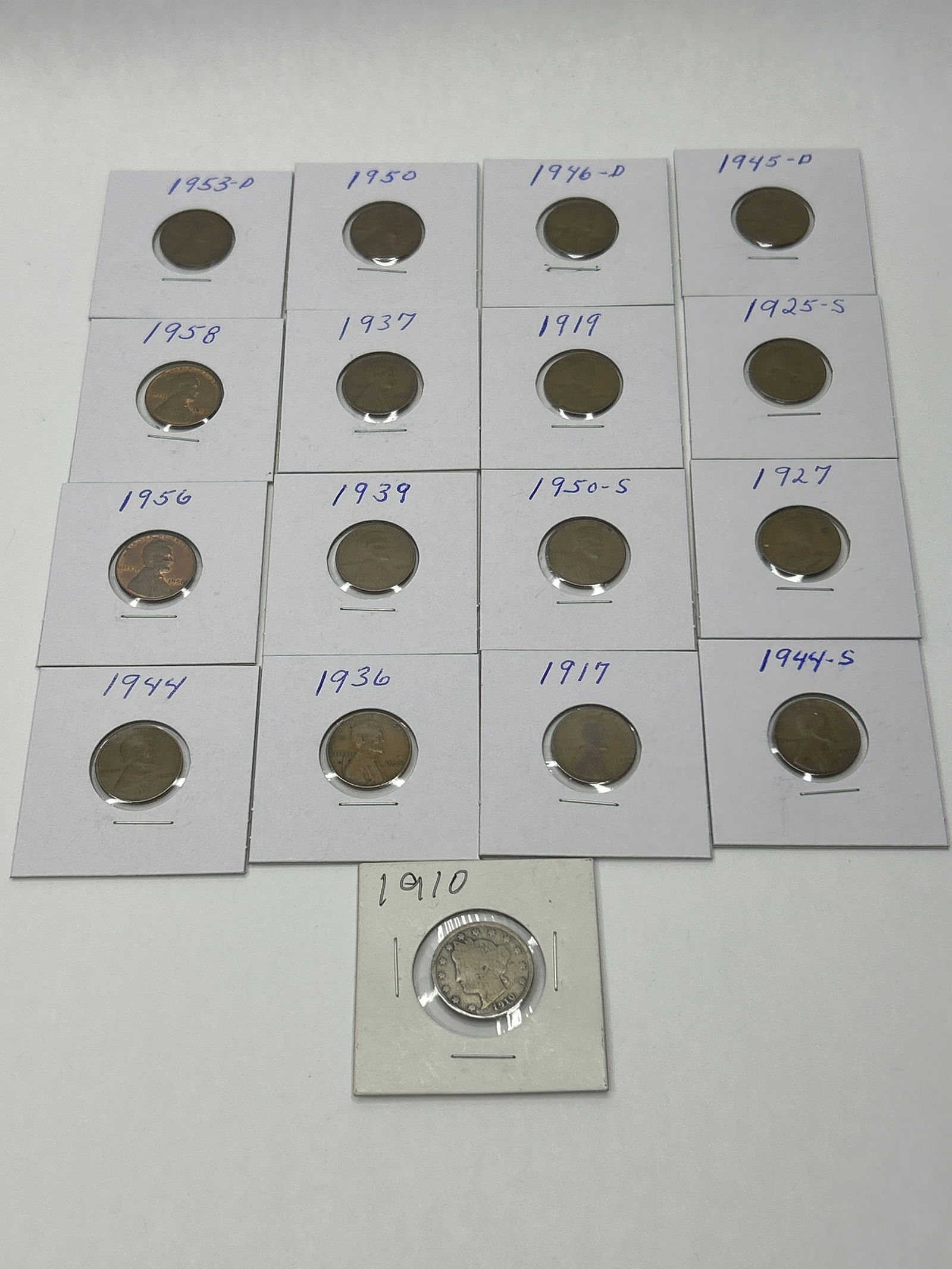 1917-1958 US Penny Collection and 1910 V cents Coin, Cardboard Window Sleeves (1 of 4)