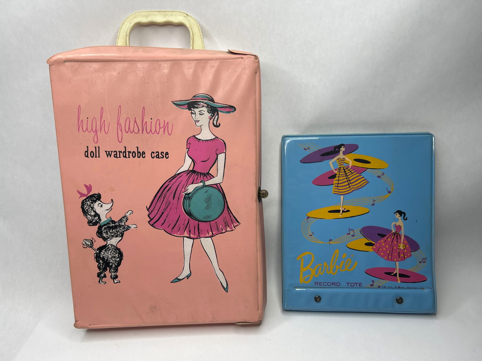 BARBIE 1960s Pink Vinyl High Fashion Wardrobe Case with Handle & Blue Record Tote with Handles (1 of 7)