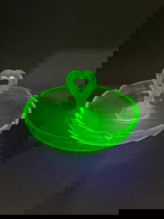Uranium Green Depression Glass Trinket Dish or Ashtray, Heart Handle, Glow under UV Light, 6": Light Scuffing on Bottom of dish and small bubble in glass Bidding on this item will be indication that the Bidder acknowledges that they have read and agreed to the Terms and Conditions posted to thi