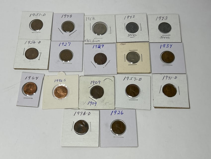 Lot of Coins, Mostly Pennies, from 1909-1998, Some Steel Pennies, Cardboard Window Sleeves: Bidding on this item will be indication that the Bidder acknowledges that they have read and agreed to the Terms and Conditions posted to this Auction