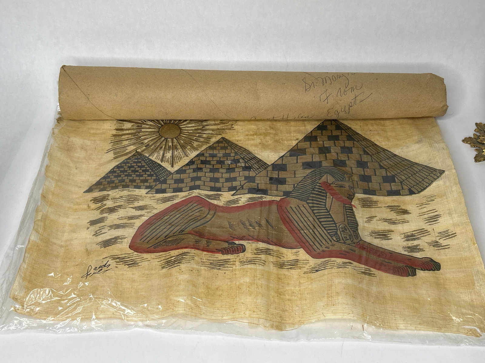 Handmade Egyptian Sphynx Painting on Papyrus Acrylic Egyptian Painting of Sphynx & Pyramids, 12x16": Stored in Cardboard Roll Bidding on this item will be indication that the Bidder acknowledges that they have read and agreed to the Terms and Conditions posted to this Auction
