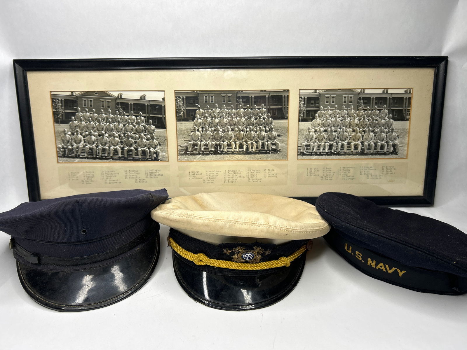 Framed Military Photographs, Navy, Three Photos w/Names & Authentic Officer / Captain Uniform Hats (1 of 6)