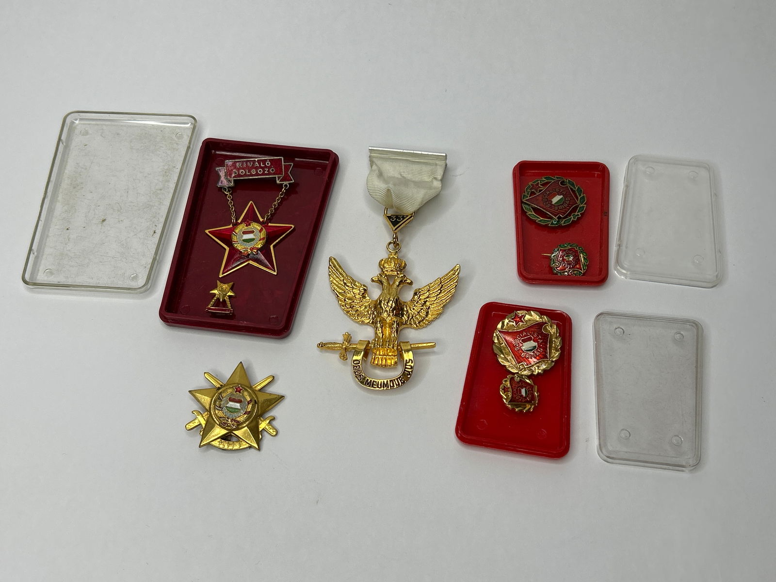 Hungarian Medal, Scottish Rite 33rd Degree Double Headed Eagle, and Collection of Other Pins (1 of 5)