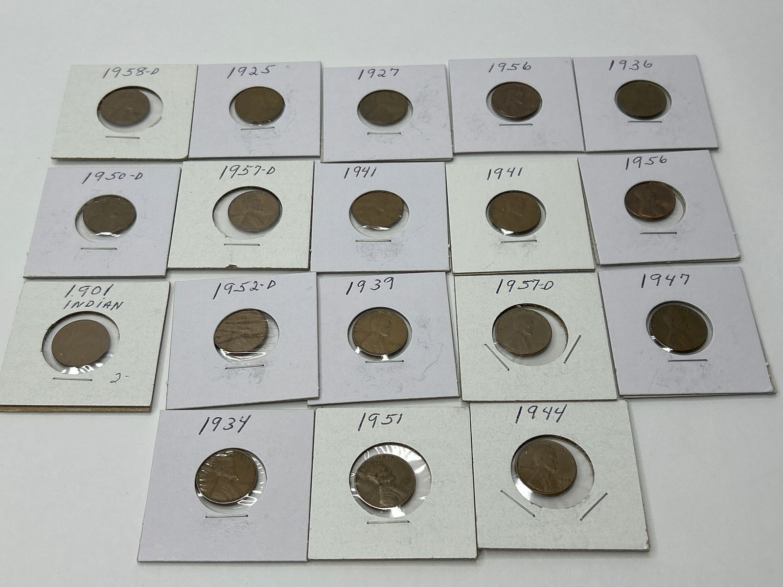 Awesome US Penny Collection, 1920s-1950s, Incl. 1901 Indian Head Penny, 1c, Cardboard Window Sleeves (1 of 4)