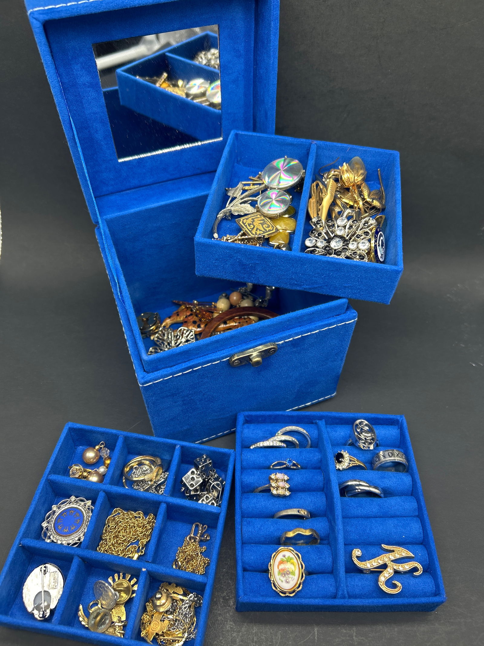 Blue Velvet Jewelry Box with 3 Sorting Trays, Contains Wearable Assorted Vintage Jewelry (1 of 7)
