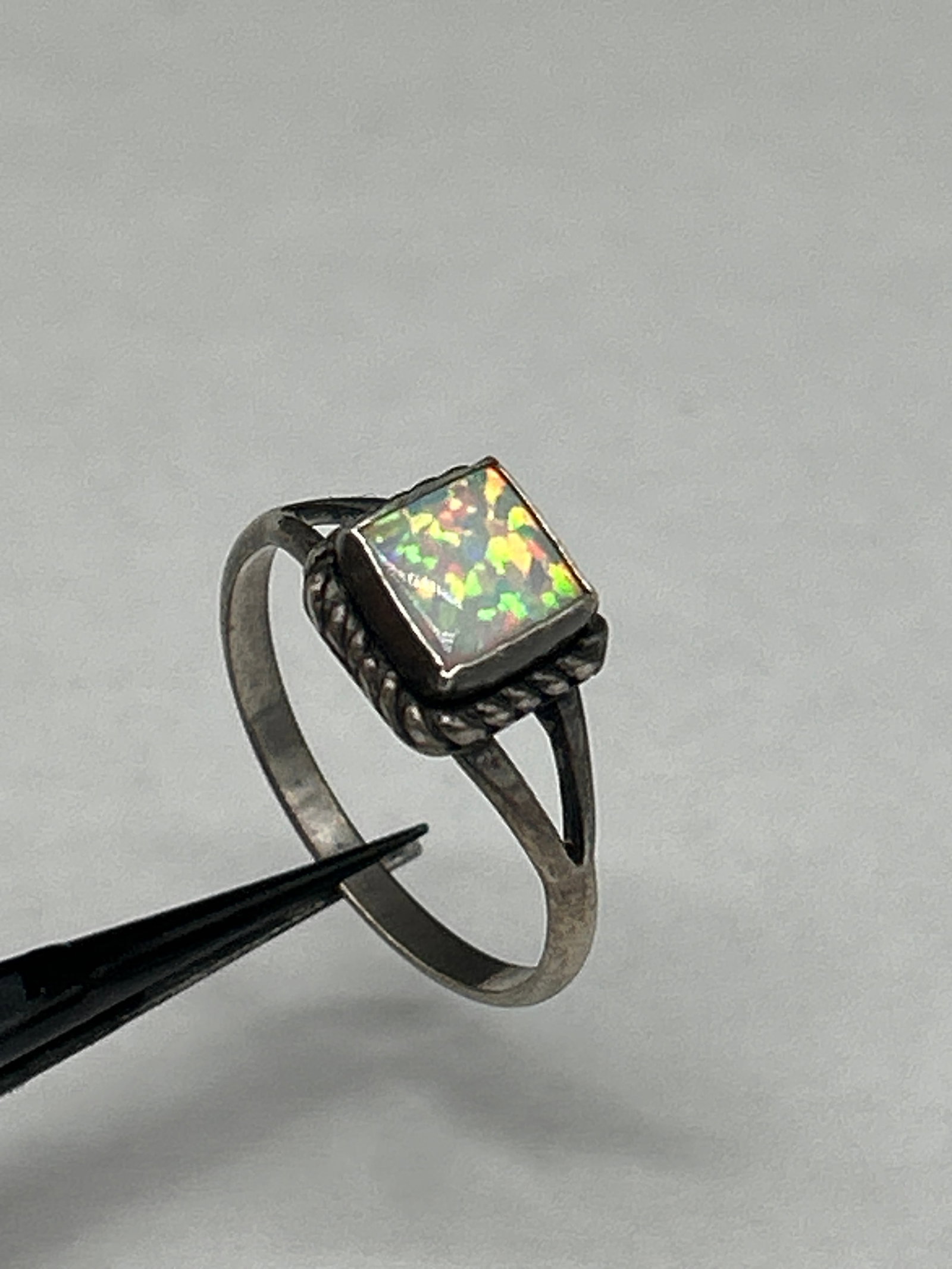 Square Opal Solitaire Inlay Sterling Silver Ring, Marked 925, Size 7: **Bidding on this lot is acceptance of Terms & Conditions found in the Auction Details section at the top of our Auction. Bidder agrees all questions should be submitted prior to placing a bid.**