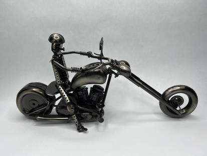 Metal Motorcycle Sculpture, Gunmetal, Welded Scrap Metal Art, Industrial Chopper Decor: **Bidding on this lot is acceptance of Terms & Conditions found in the Auction Details section at the top of our Auction. Bidder agrees all questions should be submitted prior to placing a bid.**