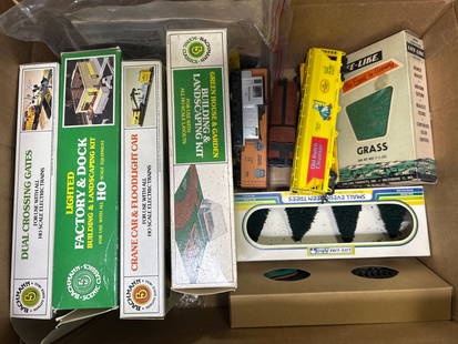 Train Cars, Buildings, Scenery, Gates, Tracks, for HO Scale Train Model Set: Dims provided are for the outer storage box **Bidding on this lot is acceptance of Terms & Conditions found in the Auction Details section at the top of our Auction. Bidder agrees all questions should